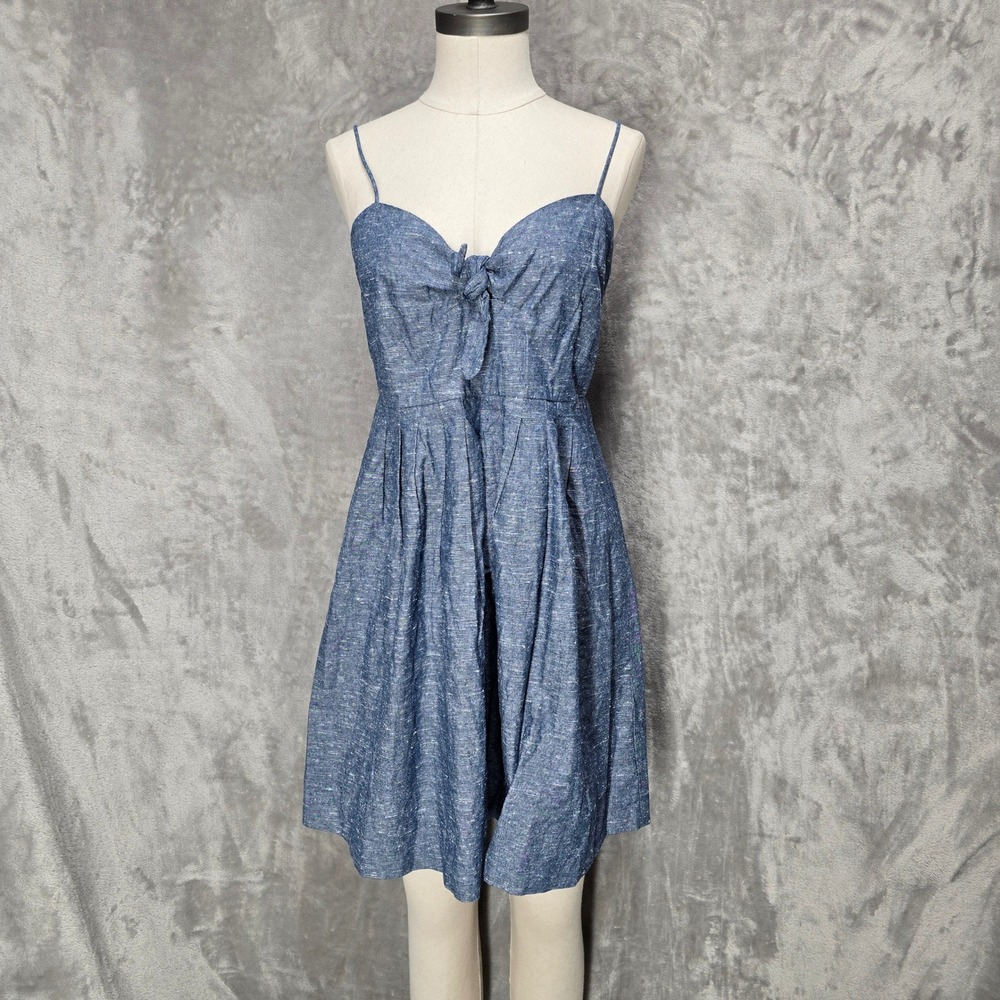 Madewell Chambray Mini Dress Womens 8 Blue Cotton Sleeveless Tie Front Fit Flare